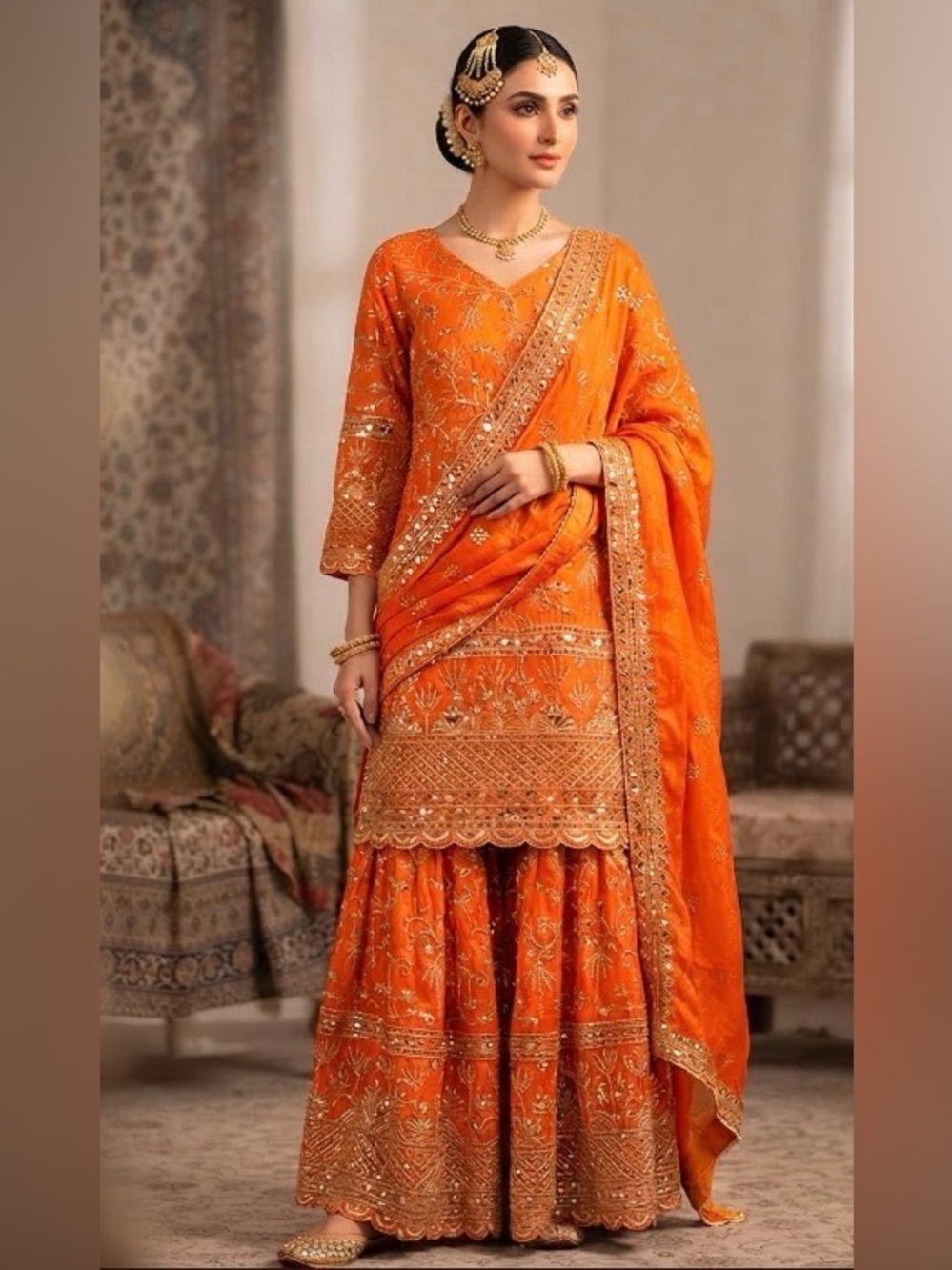 Orange-Pink Embroidered Sharara Suit